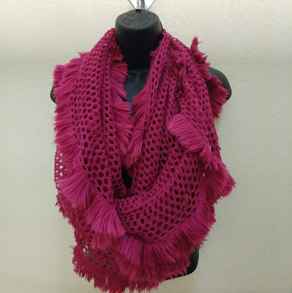 Crocheted Infinity Scarf with Fringe Trim